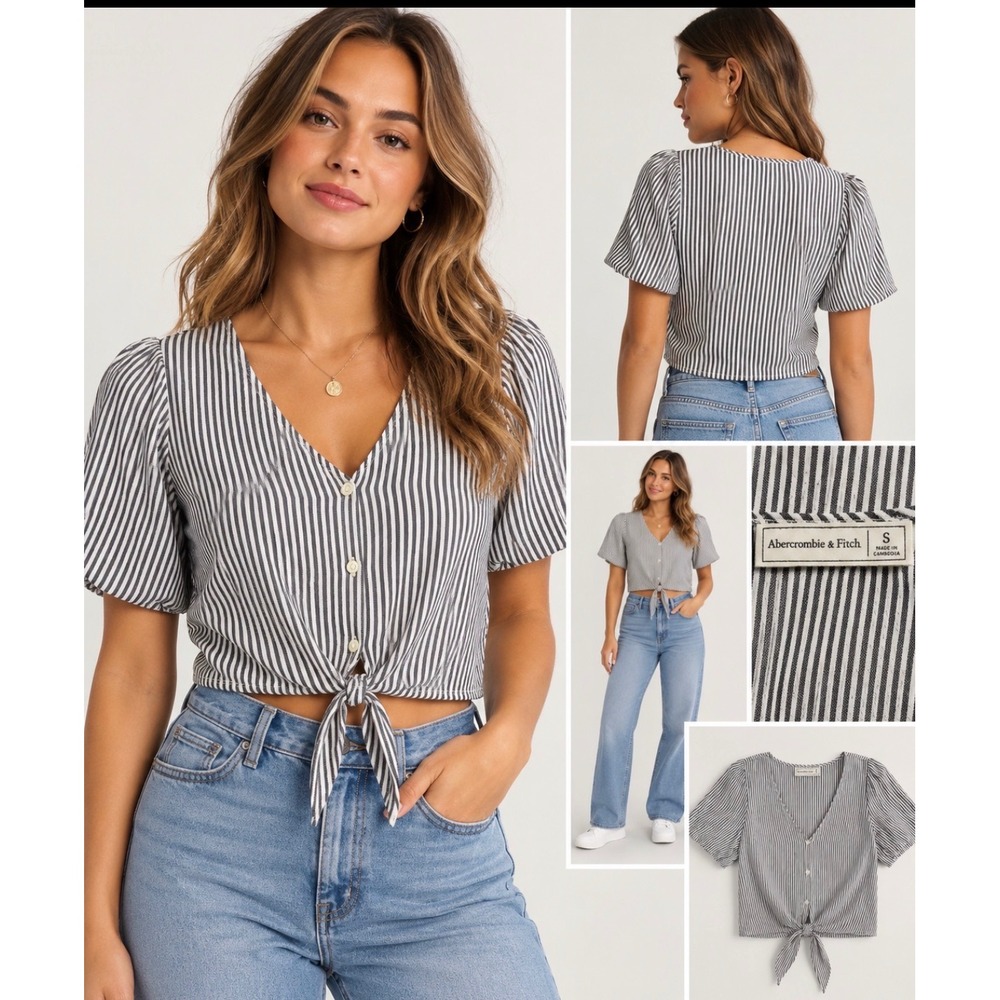 Abercrombie & Fitch Striped Tie Front Puff Sleeve Button Blouse Top Small